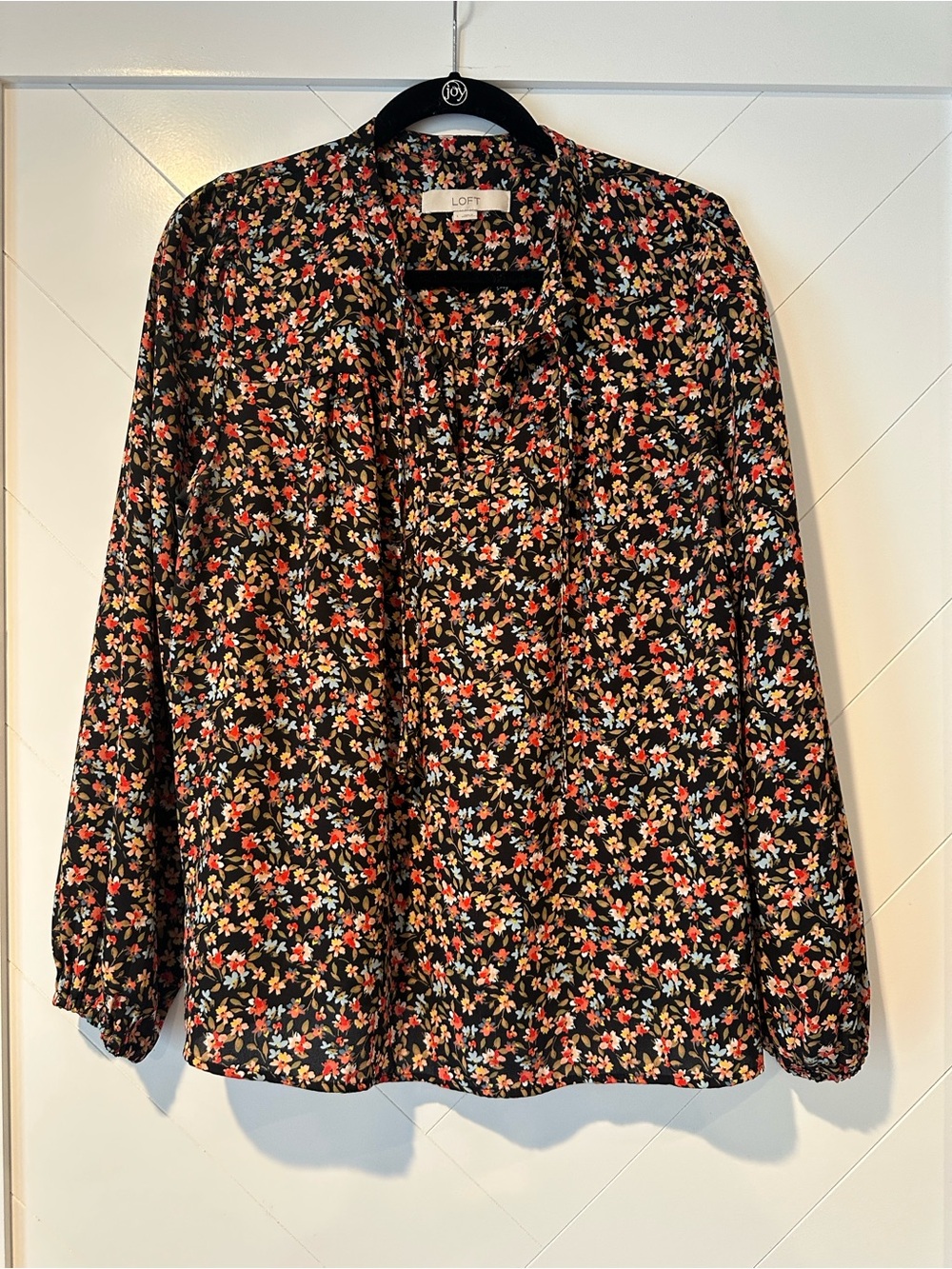 LOFT Black Floral Button-Up Blouse with Pink and Cream Accents